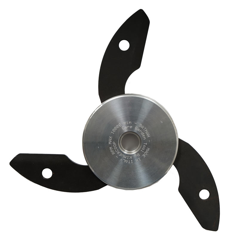 Batman brush cutter head. Garden tool with three black blades and a central silver disc.
