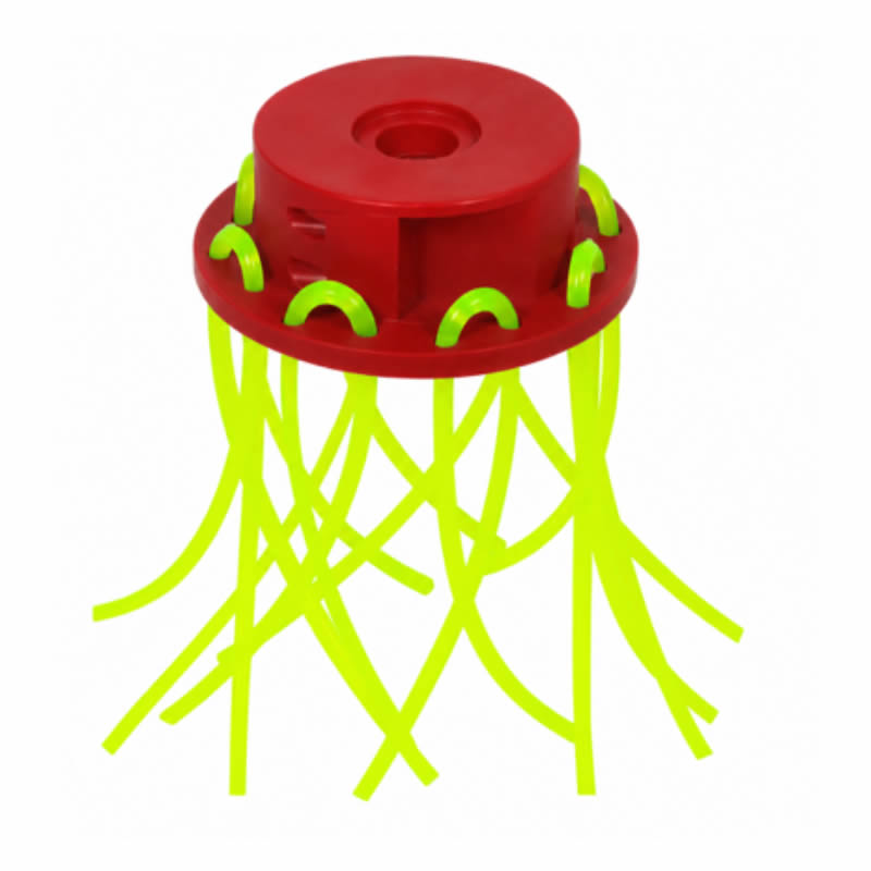 Tête de débroussailleuse Giulia rouge à huit brins de fil de coupe vert fluo insérés dans le corps central.